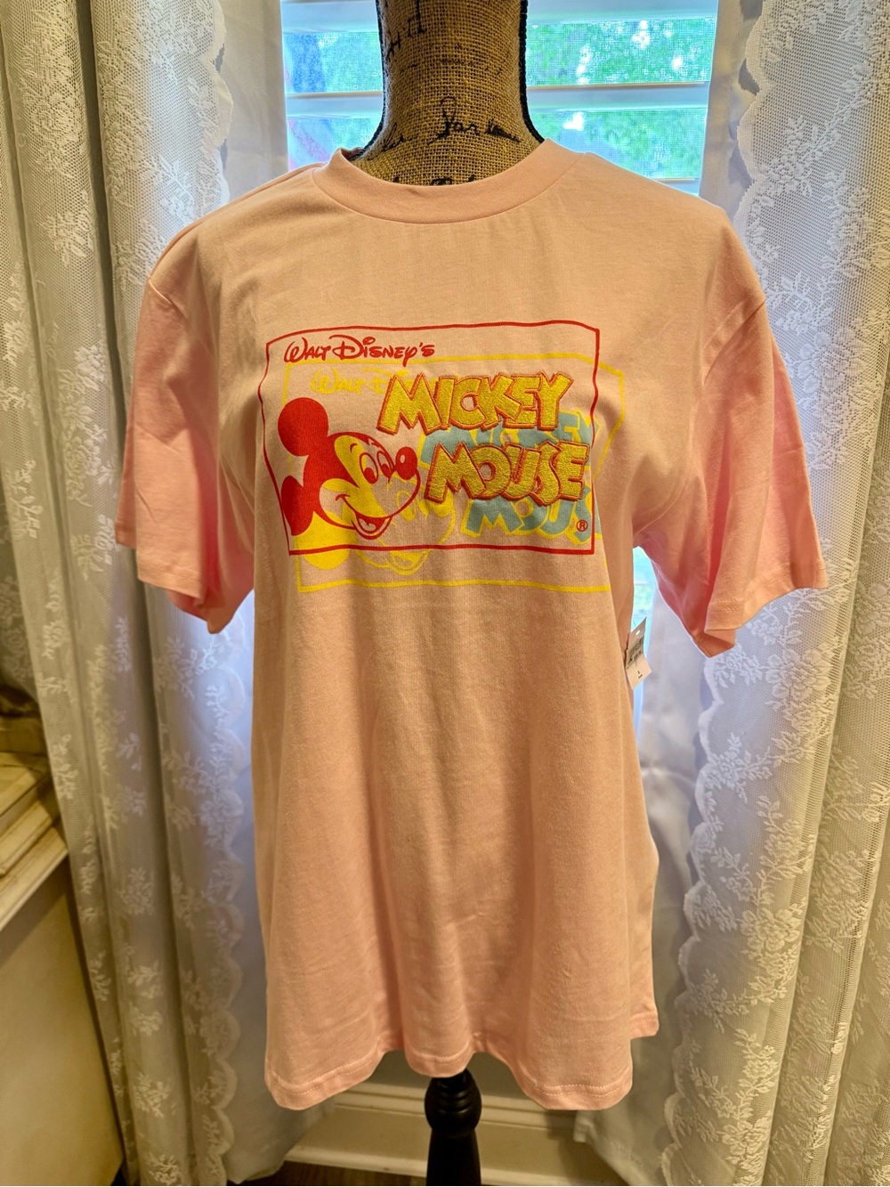 Disney Light Pink Mickey Mouse Graphic Tee with Yellow & Dark Pink Accents
